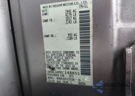 2012 Nissan Altima S from USA, damaged, VIN 1N4AL2AP0CC148855